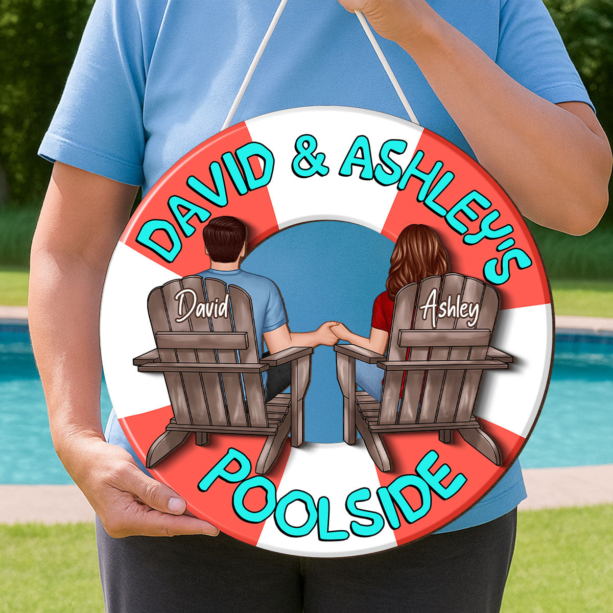 Couple Sitting Back View Poolside Swimming Float Personalized 2-Layer Wood Sign