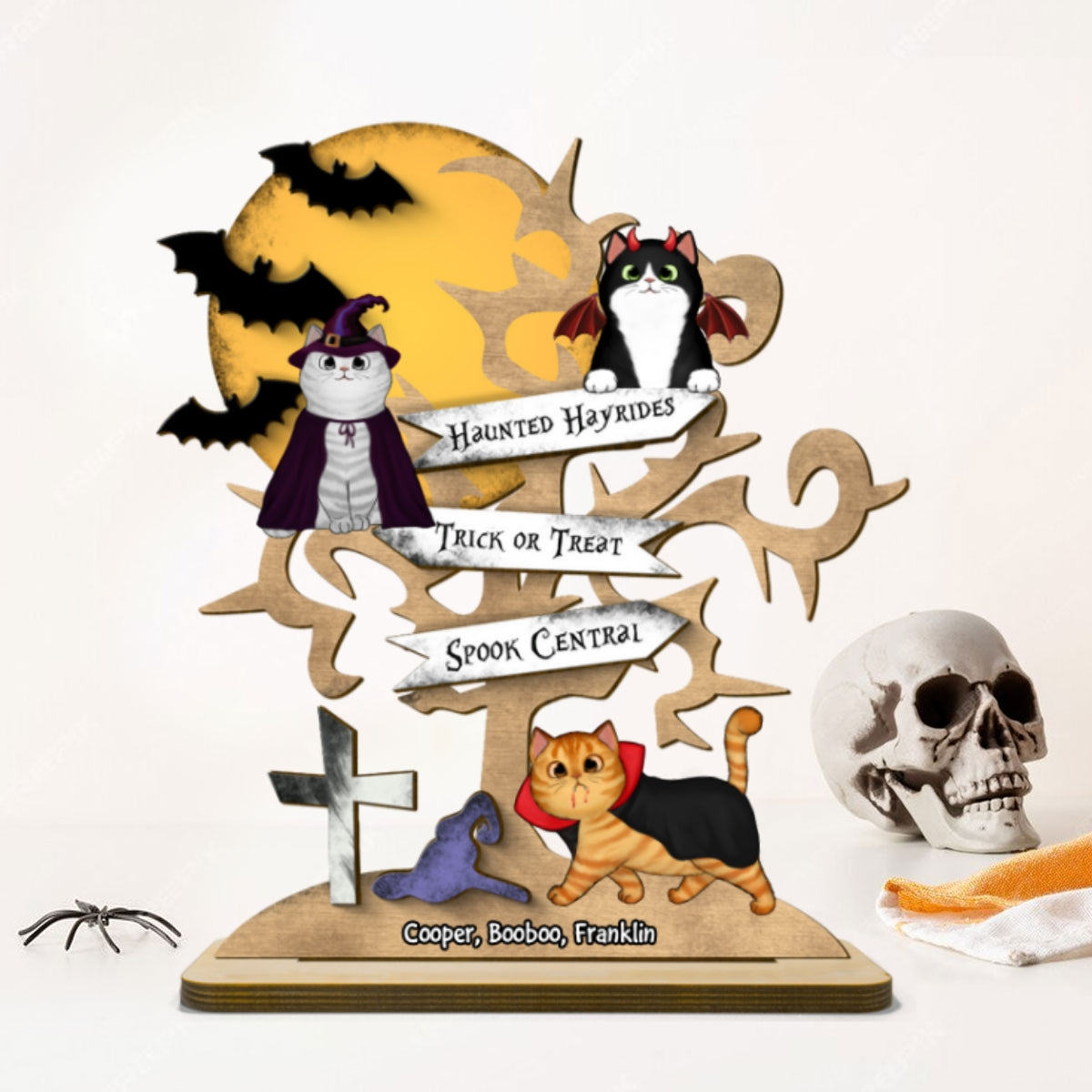 Halloween Cat Spooky Tree Personalized Wooden Standing Plaque, Halloween Decor For Cat Lovers