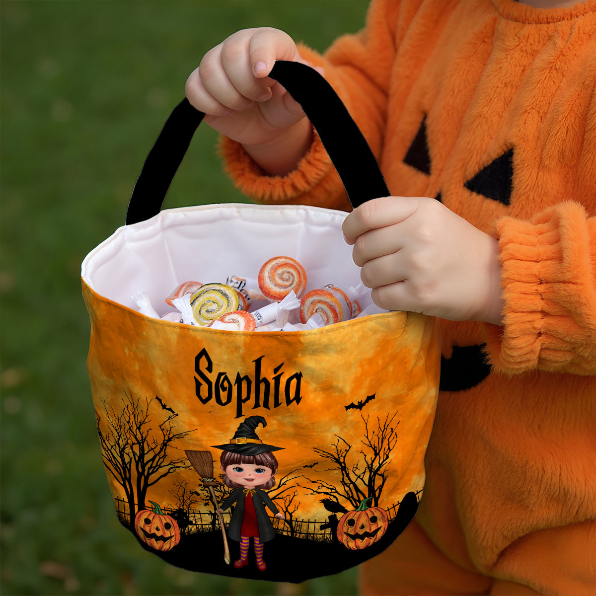 Halloween Character Moon Bat Tree Personalized Trick Or Treat Basket, Halloween Gift For Kids