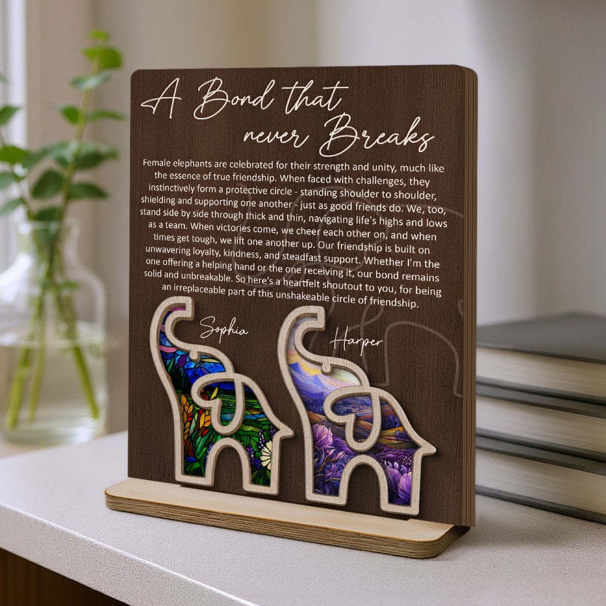 Elephant Friendship Story Besties Special Bond Personalized 2-Layer Standing Wooden Plaque, Birthday Gift, Friendship Gift For Best Friends