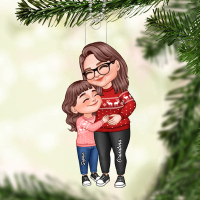 Cartoon Grandma & Grandkid Hugging Christmas Gift For Granddaughter Grandson Personalized Acrylic Ornament