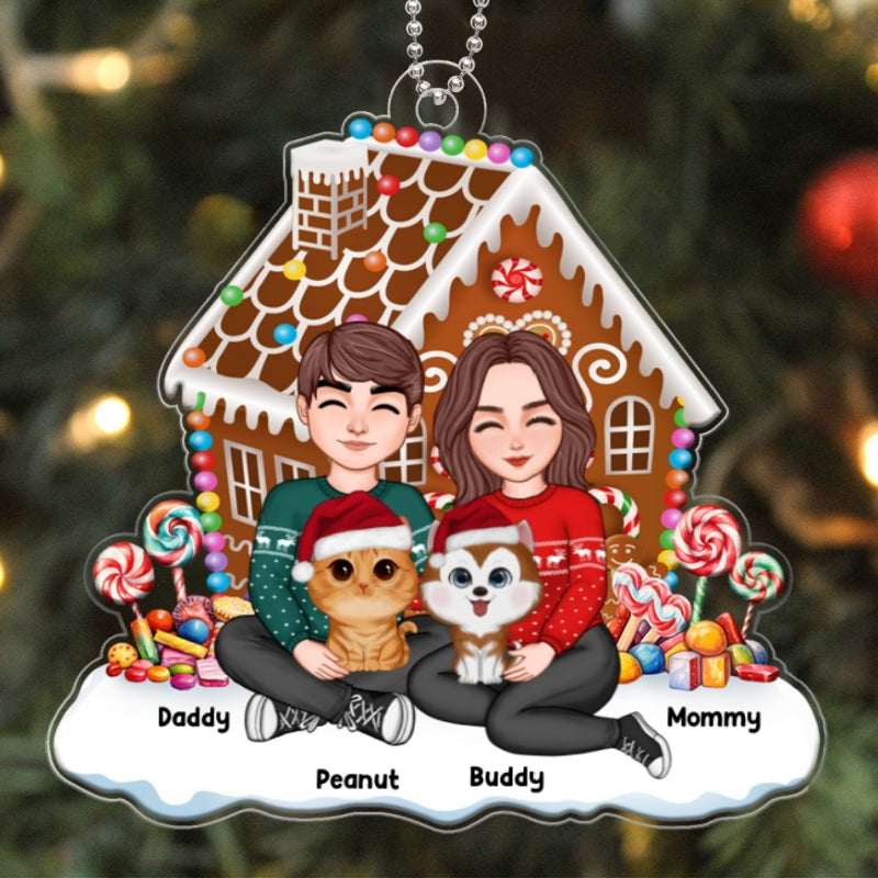 Gingerbread House Couple And Dogs Cats Personalized Acrylic Ornament