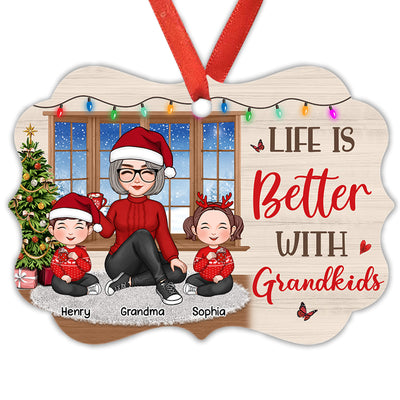 Cute Grandma Grandkids Sitting By Window Personalized Christmas Aluminum Ornament