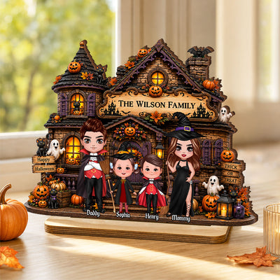Family Haunted House Trick or Treat - Personalized 2-Layered Wooden Plaque - Halloween Gothic Home Sign