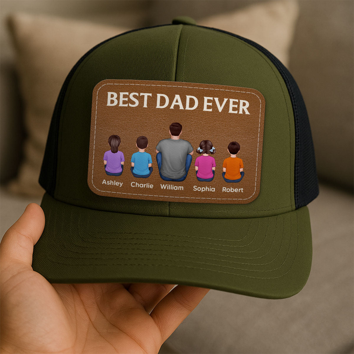 Best Dad Grandpa Ever Back View Sitting With Kids Personalized Leather Patch Hat