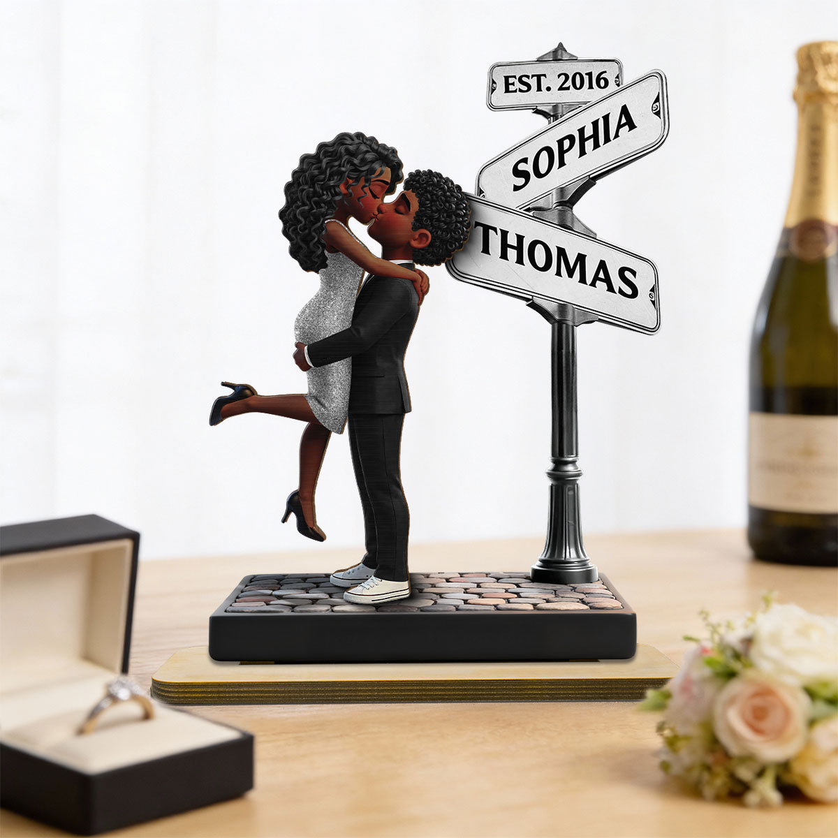 Eternal Love Romantic Couple Hugging Kissing Street Sign - Personalized 2-Layered Wooden Plaque - Heartfelt Valentine's Day Gift For Couple