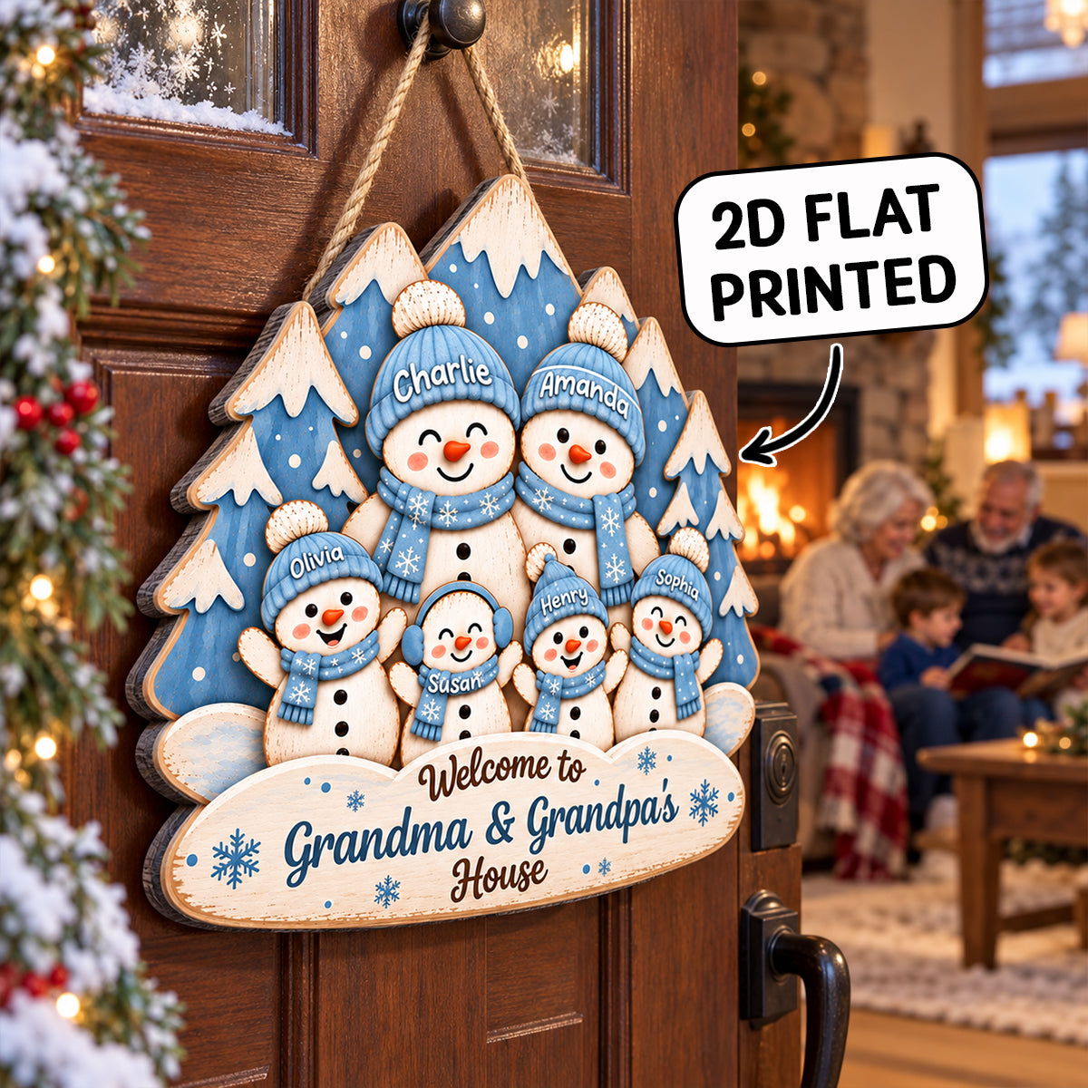 Blue Winter Forest Snowman Grandparents & Grandkids 2D Flat Printed - Personalized Wood Sign - Christmas Gift For Grandma & Grandpa