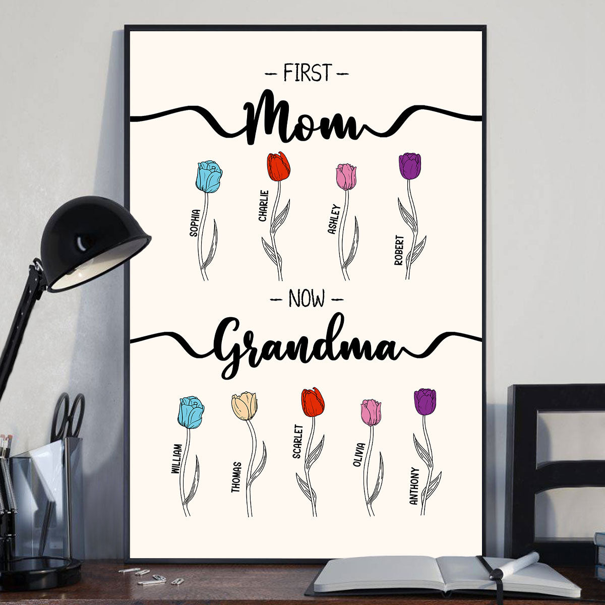 First Mom Now Grandma Tulip Flowers Personalized Vertical Poster