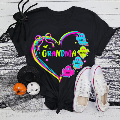 Halloween Preppy Style Neon Colors Boo Kids Names Grandma Heart Personalized Shirt
