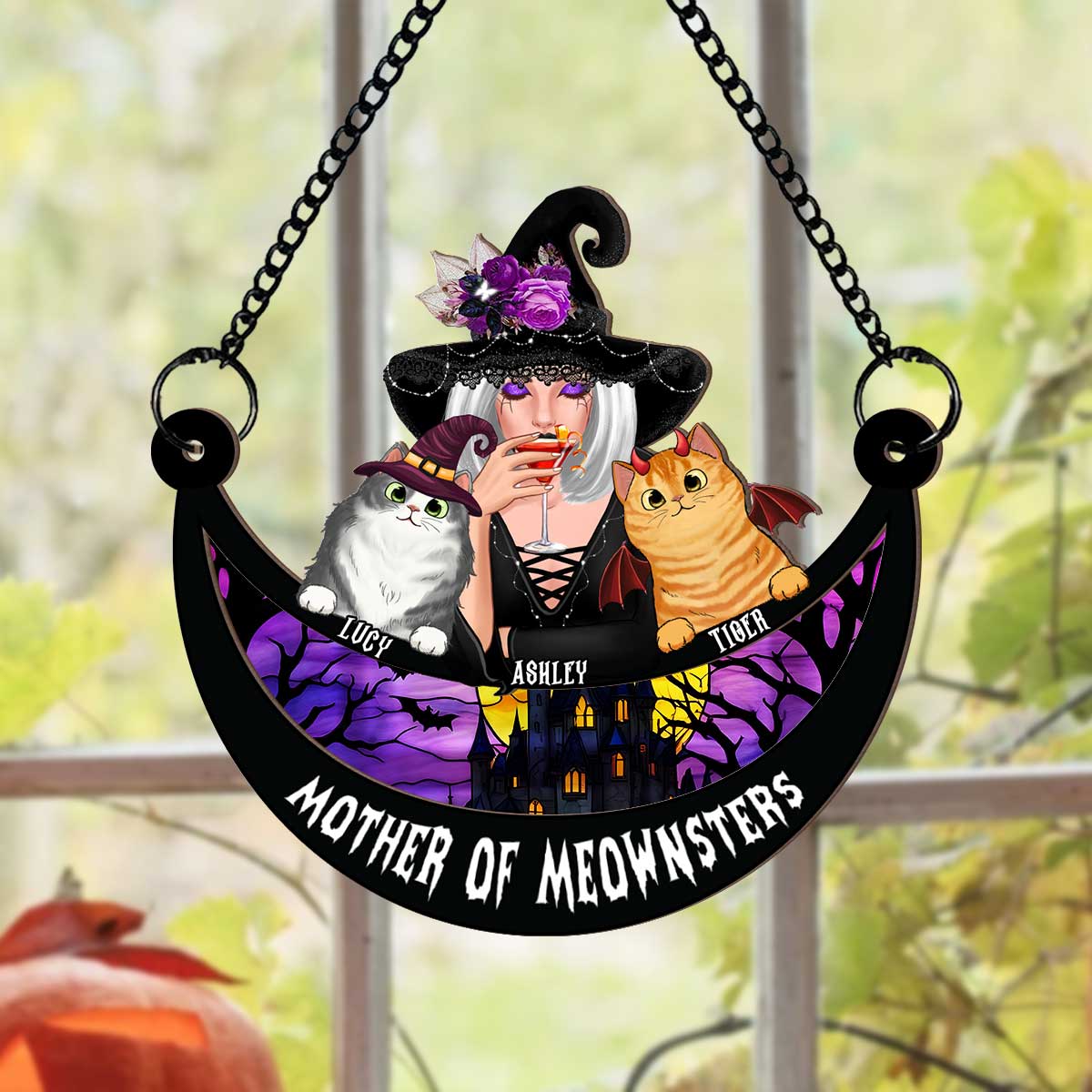 Wicked Cat Mom Stained Glass Moon Personalized Suncatchers, Halloween Decor For Cat Lovers