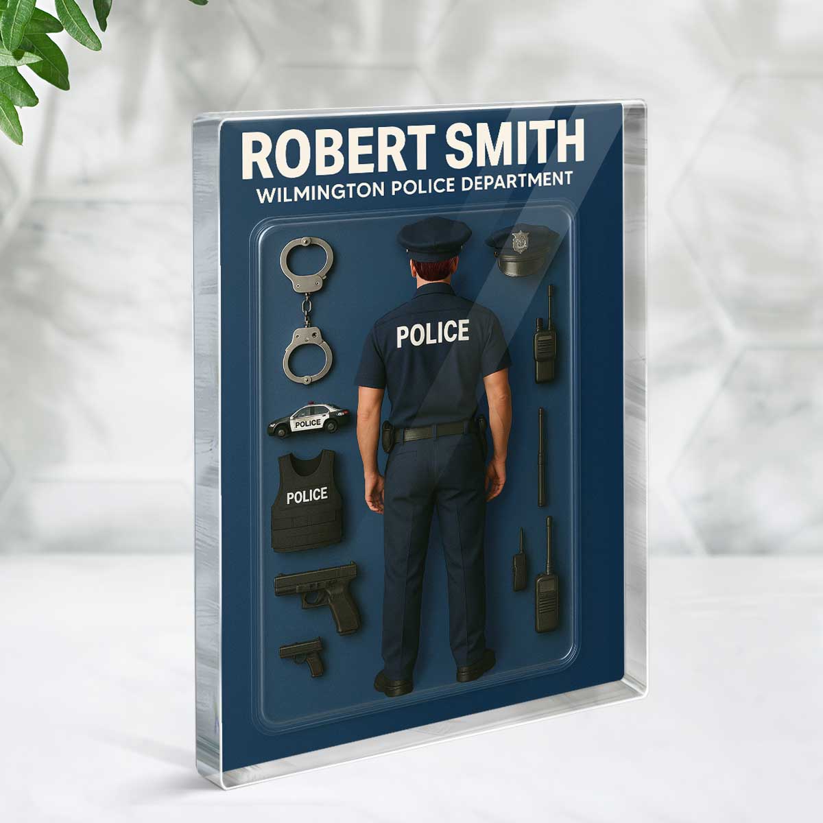 3D Effect Back View Police Officer Custom Figure Personalized Flat Rectangle Acrylic Block Plaque