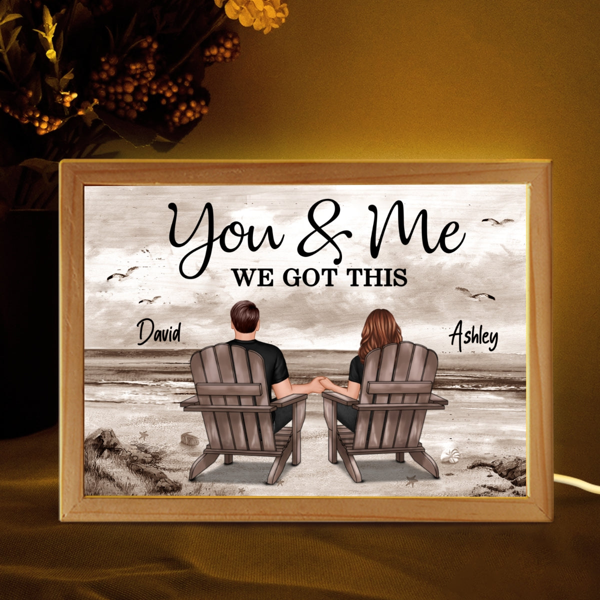 Back View Couple Sitting Beach Landscape Personalized Wooden Frame Light Box