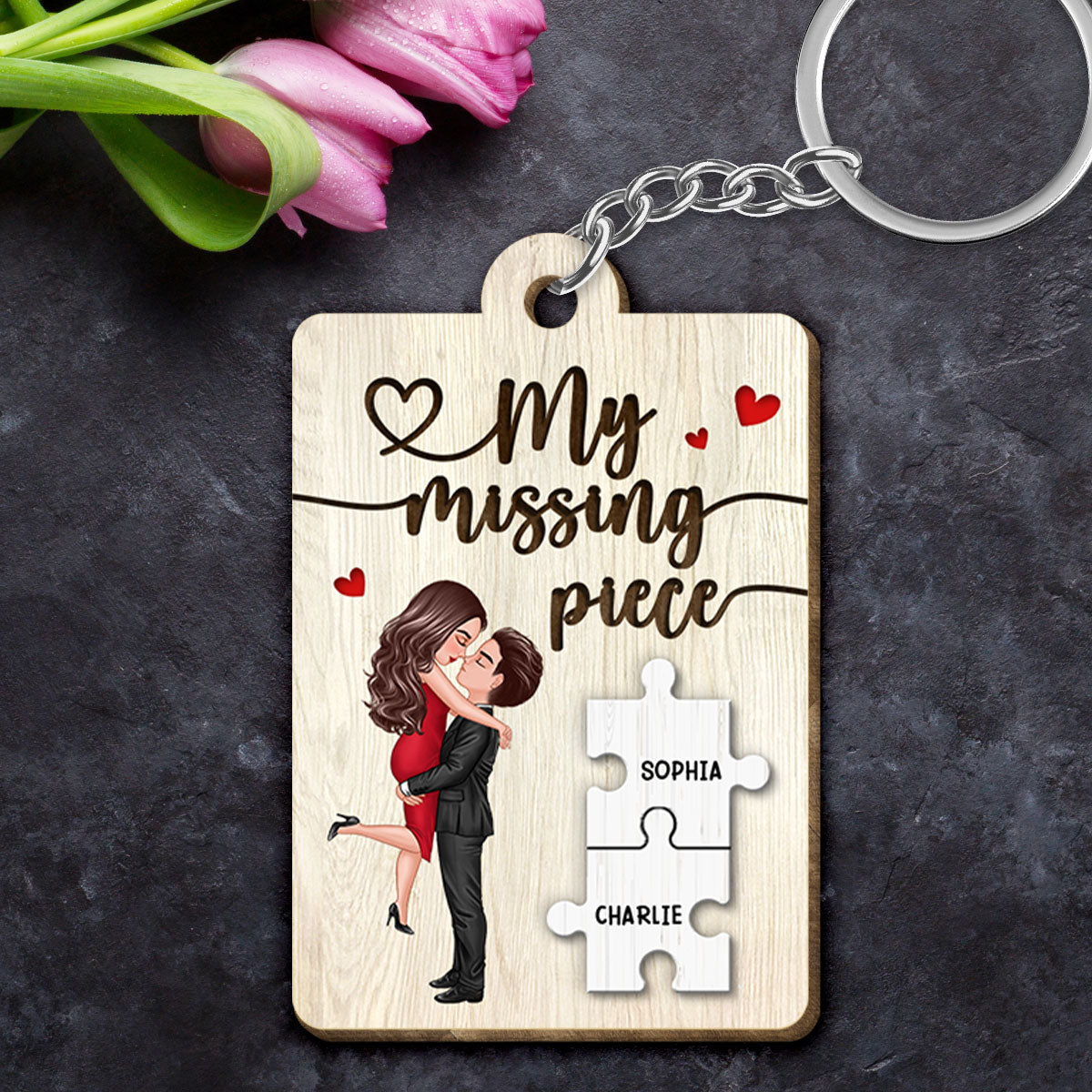 My Missing Piece Couple Hugging Kissing Valentine‘s Day Gift For Her Gift For Him Personalized Wooden Keychain