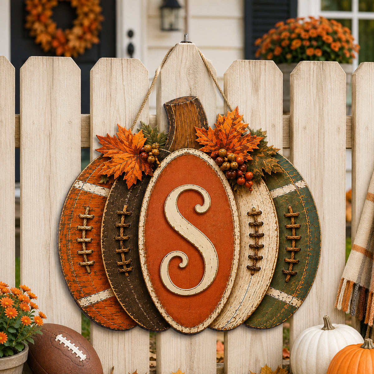 Pumpkin Football Family Initial - Personalized Door Hanger Sign - Rustic Front Porch Fall Decor