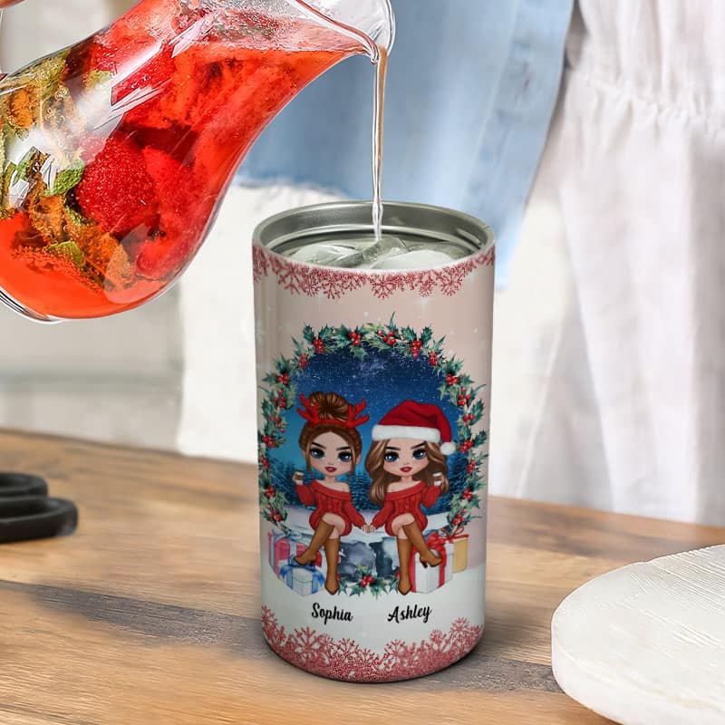 Doll Besties Sisters Sitting In Wreath Personalized 4 In 1 Can Cooler
