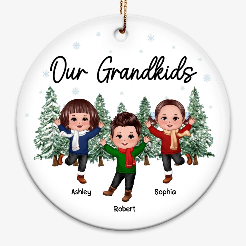 Our Grandkids Happy Doll Kids Christmas Tree Background Personalized Circle Ornament