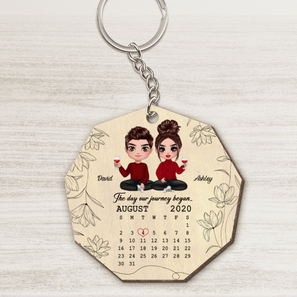 Floral Doll Couple Sitting Calendar Anniversary Date Gift For Him For Her Personalized Wooden Keychain