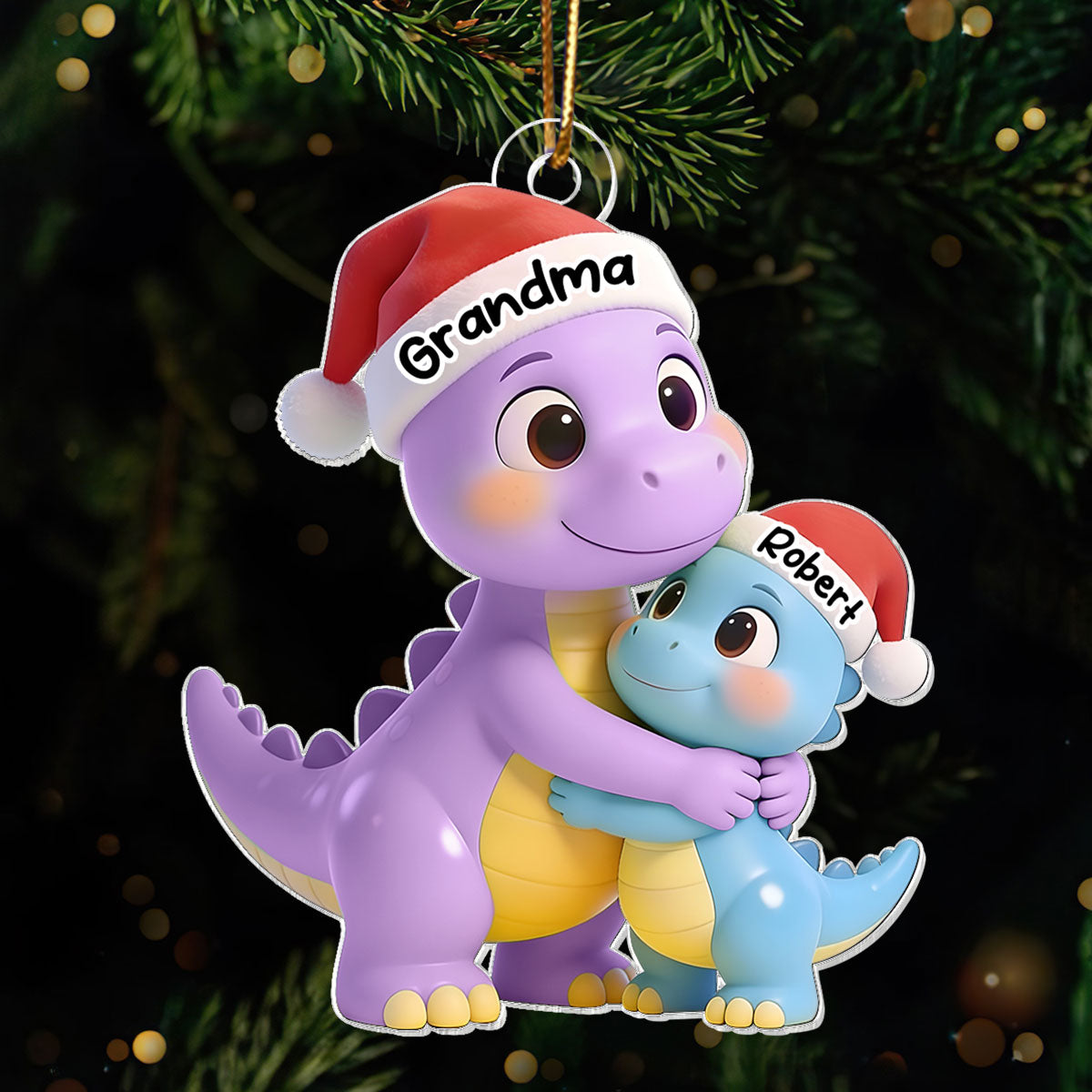 3D Effect Heartwarming Happy Grandmasaurus With Dinosaur Grandkid - Personalized Acrylic Car Hanger - Gift For Grandkids