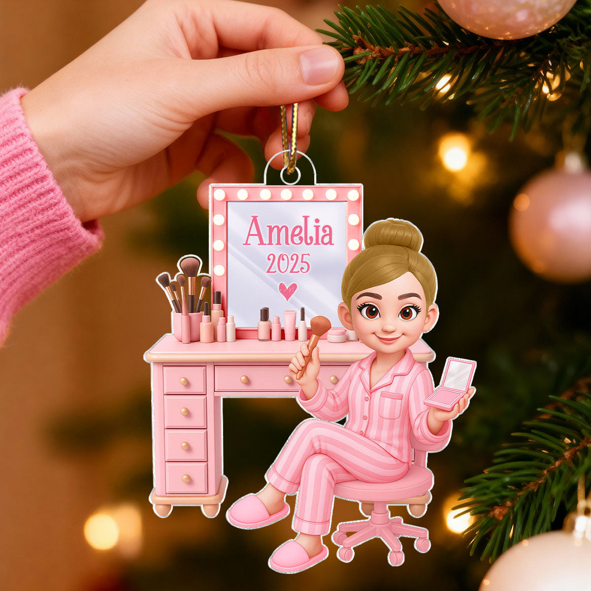 Pink Girl Makeup 3D Effect - Personalized Acrylic Ornament - Christmas Gift for Daughters, Granddaughters, Teen Girls
