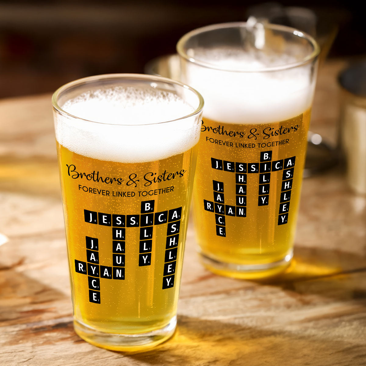 Brothers & Sisters Forever Linked Together Crossword Puzzle Art Personalized Beer Glass, Gift For Brothers, Sisters, Siblings, Family