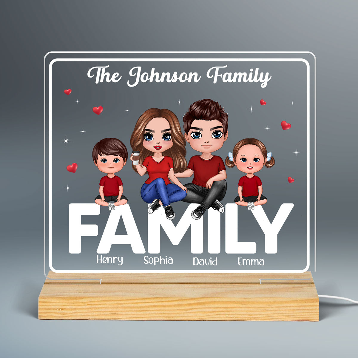Doll Family Couple Dad Mom Kids Dogs Cats Sitting On Words Personalized Custom Shape Acrylic Plaque LED Night Light