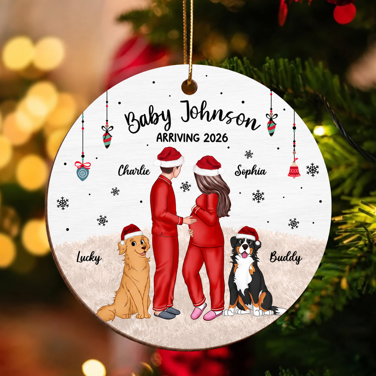 Pregnant Couple and Pet Keepsakes - Personalized Wooden Ornament - Christmas Gift