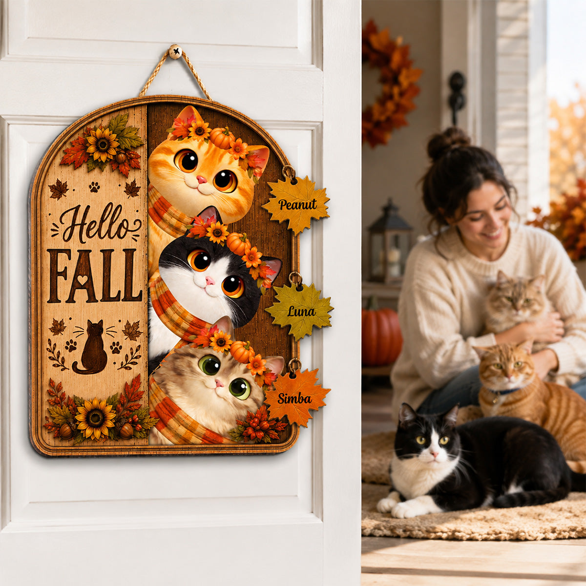 Hello Fall Peeking Cats 2D Flat - Personalized Door Sign - Fall Season Decor For Cat Lovers