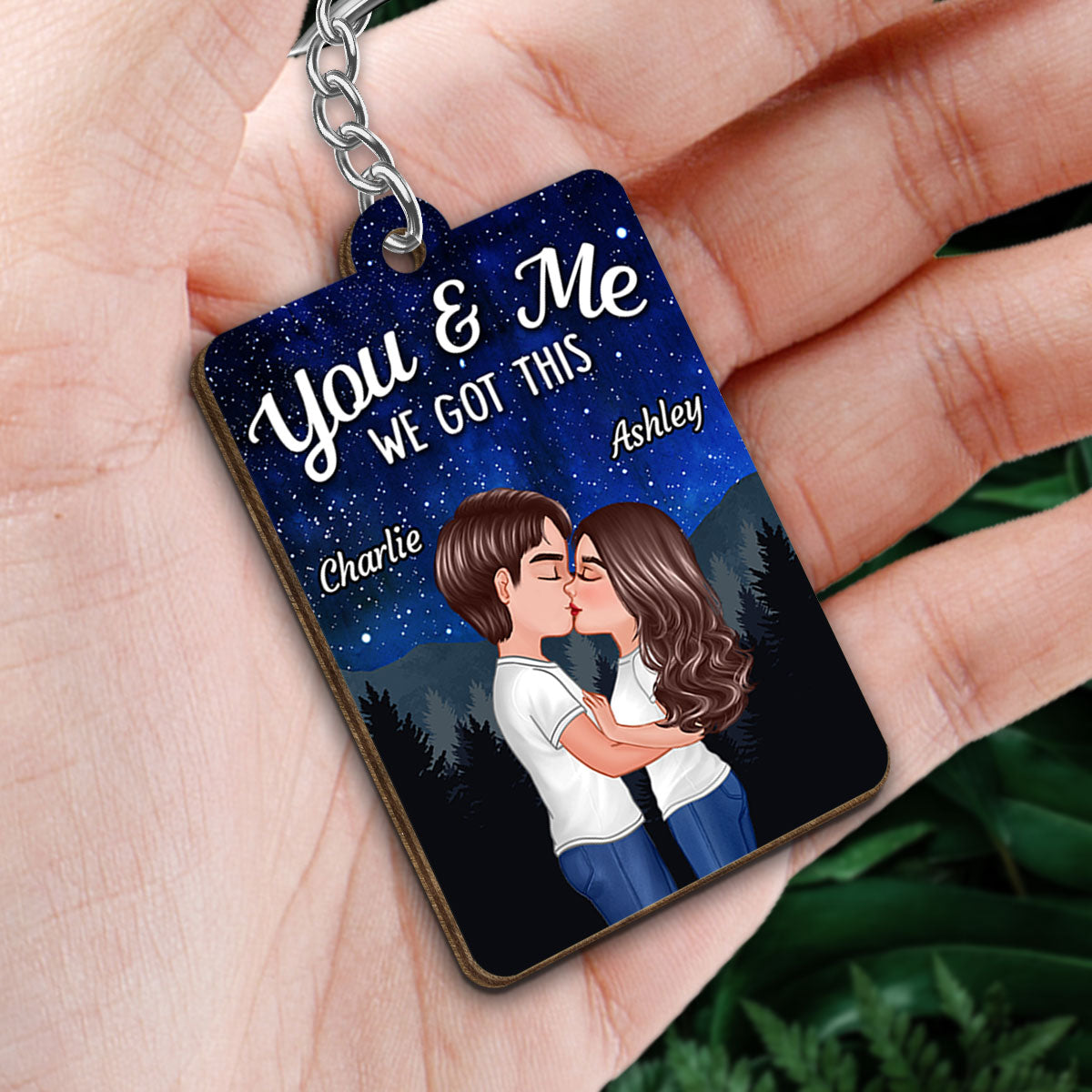 Couple Kissing Under Stars Sky Forest Favorite Song QR Code Personalized Wooden Keychain