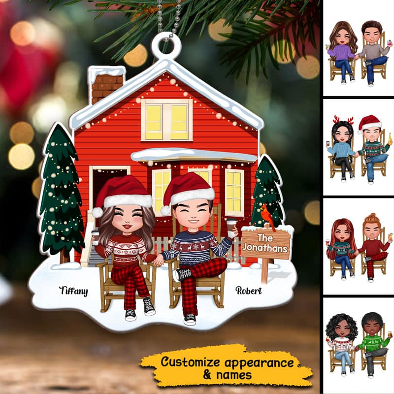Couple Sitting In Front House Personalized Wooden Ornament