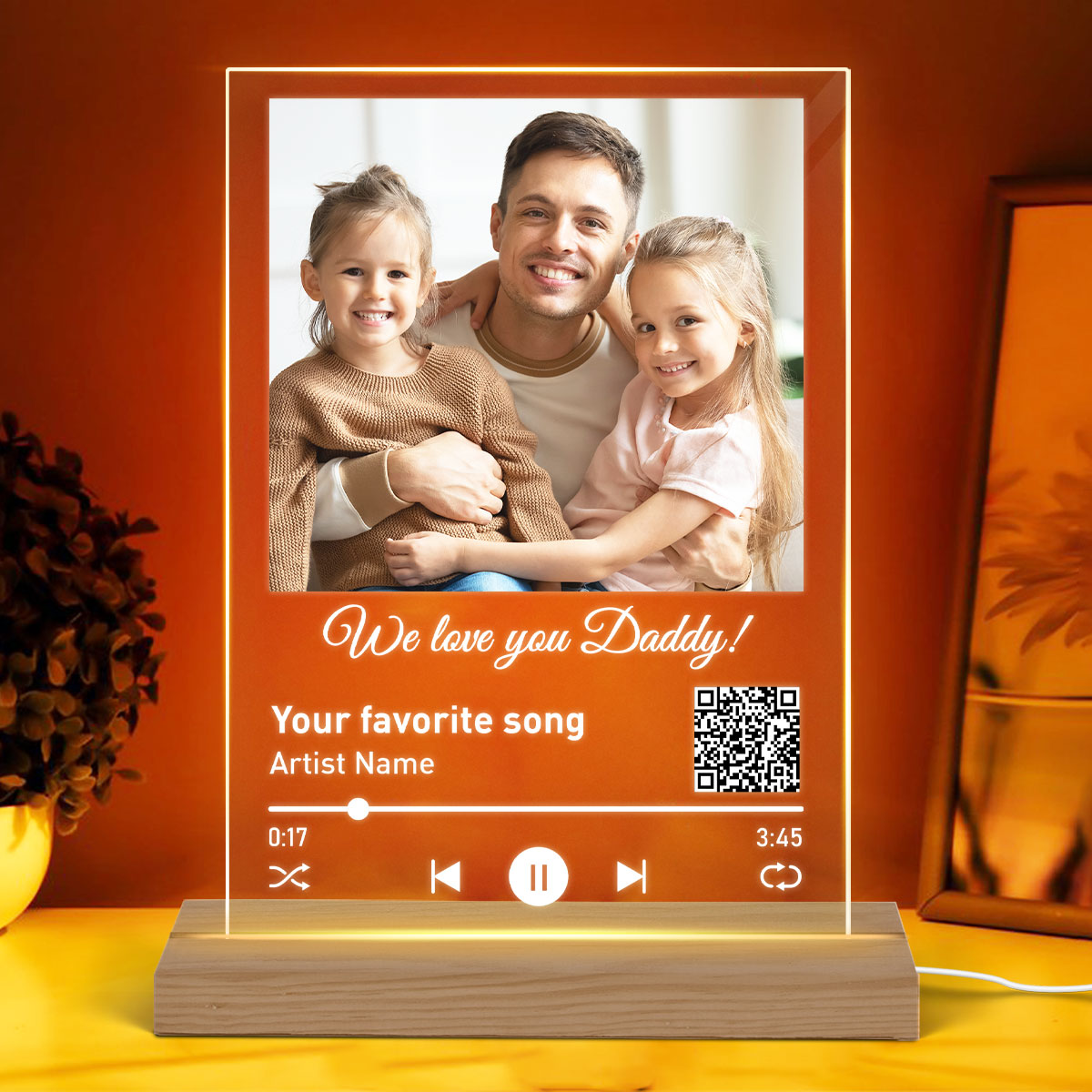 Best Dad Ever Custom Photo Favorite Song Scannable QR Code Father‘s Day Gift Personalized Rectangle Acrylic Plaque LED Night Light