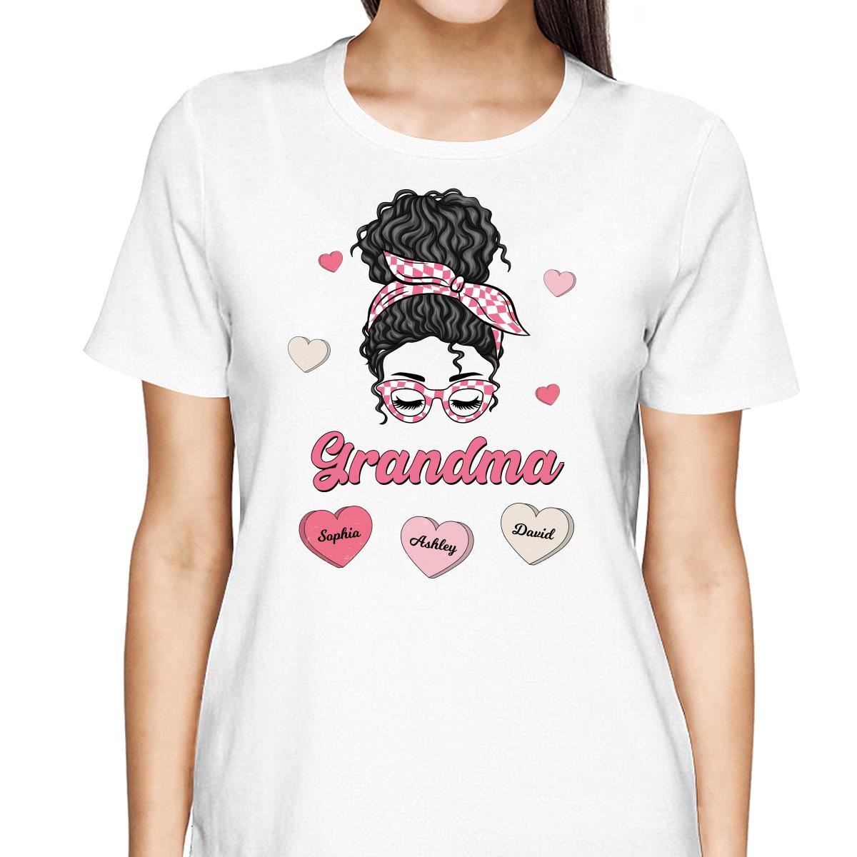 Mom Grandma Pink & White Messy Bun Personalized Shirt
