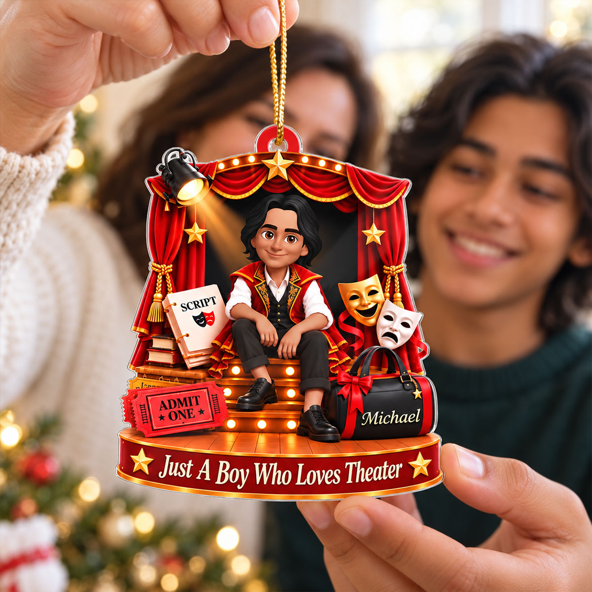 Just a Boy Who Loves Theater - Personalized Acrylic Ornament - Christmas Gift for Son, Grandson