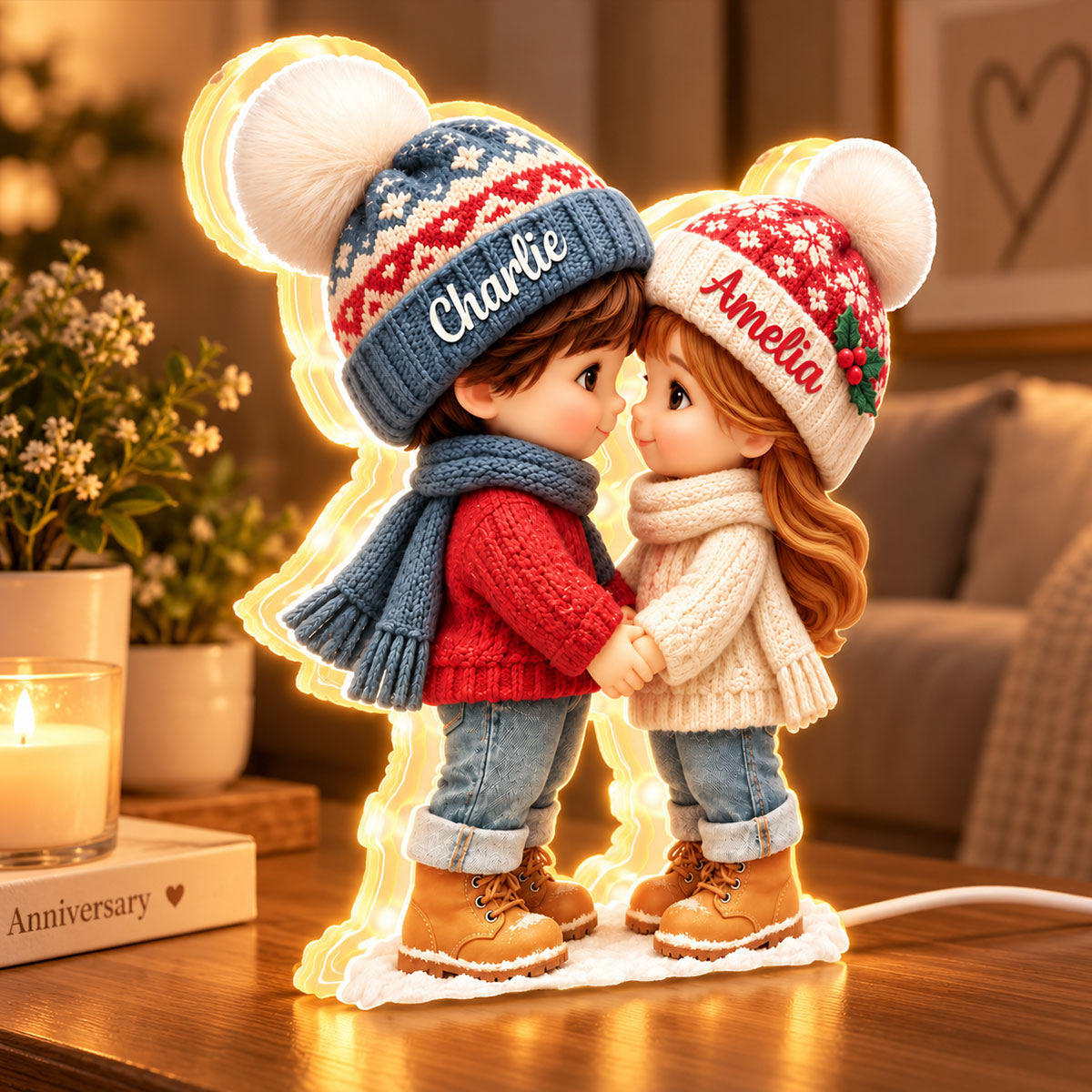 Cute Cartoon Couple Holding Hands - Personalized Light Box - Anniversary Christmas Gift for Her, for Him