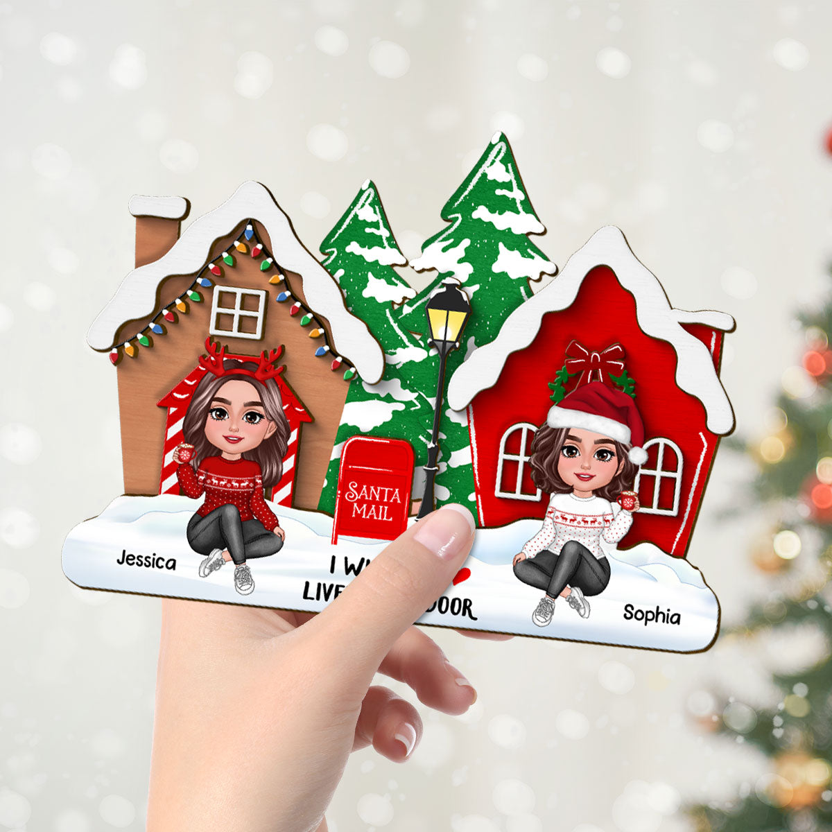 Wish You Lived Next Door Personalized 2-Layer Wooden Standing Plaque, Christmas Tiered Tray Decor