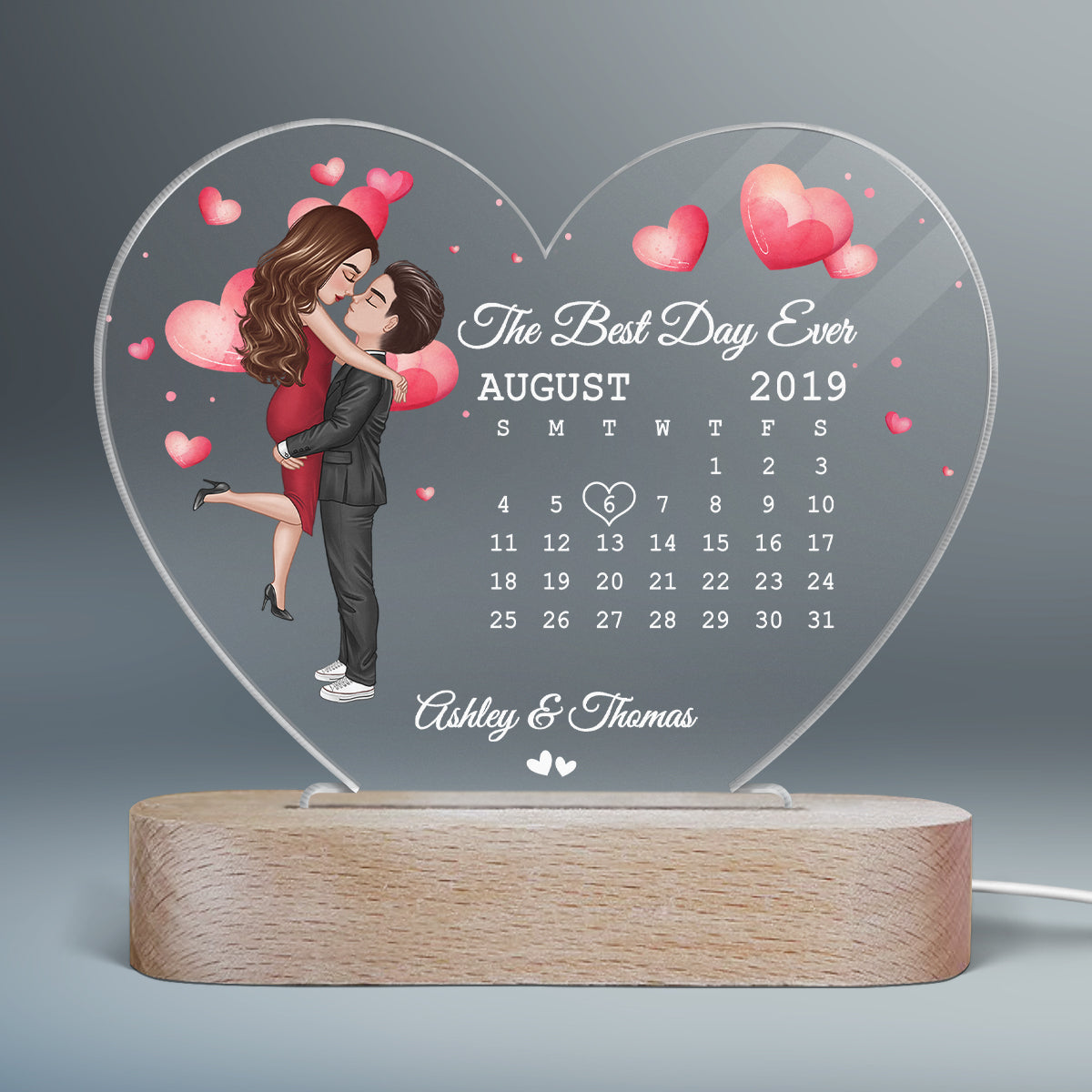 Doll Couple Hugging Kissing Together Since Anniversary Date Calendar Personalized Acrylic Heart Plaque With LED Night Light - Anniversary Gift For Couple - Gift For Him, Gift For Her