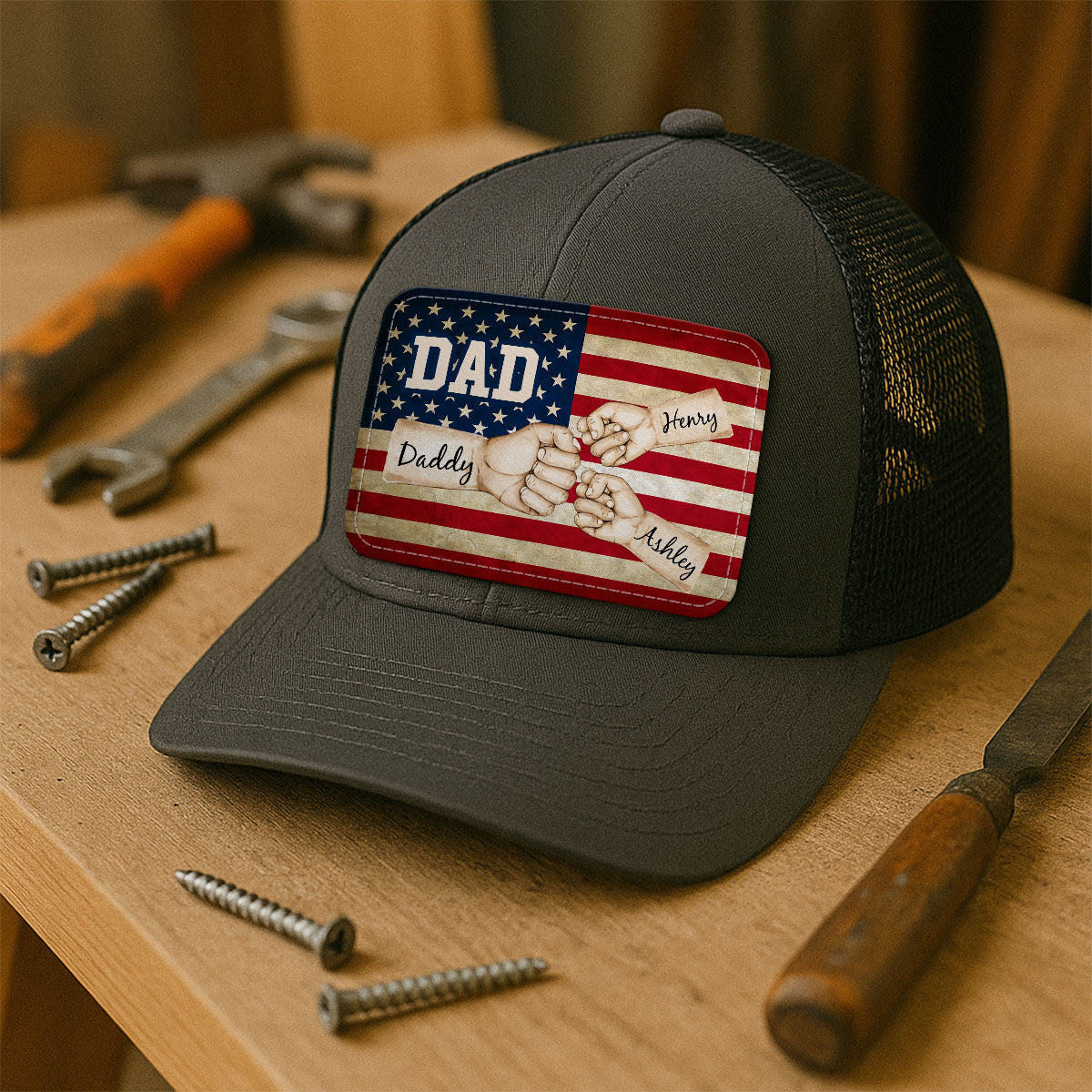 Dad Grandpa Papa Fist Bumps Nation Flag Personalized Leather Patch Hat