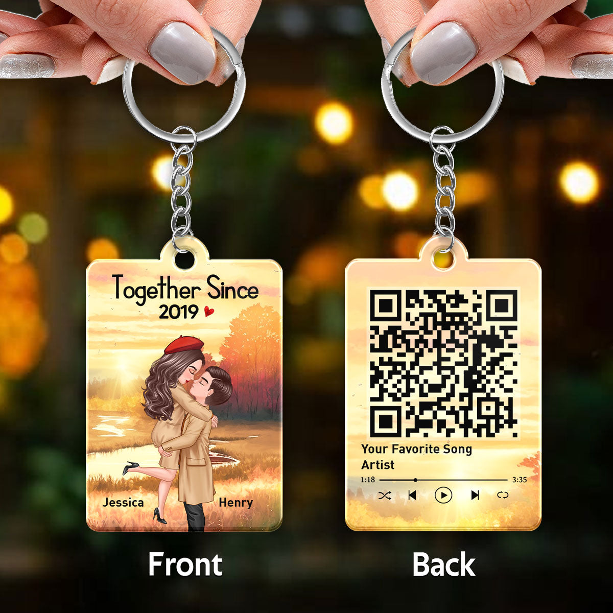 Fall Season Theme Couple Hugging Kissing Favorite Song QR Code Personalized Acrylic Keychain
