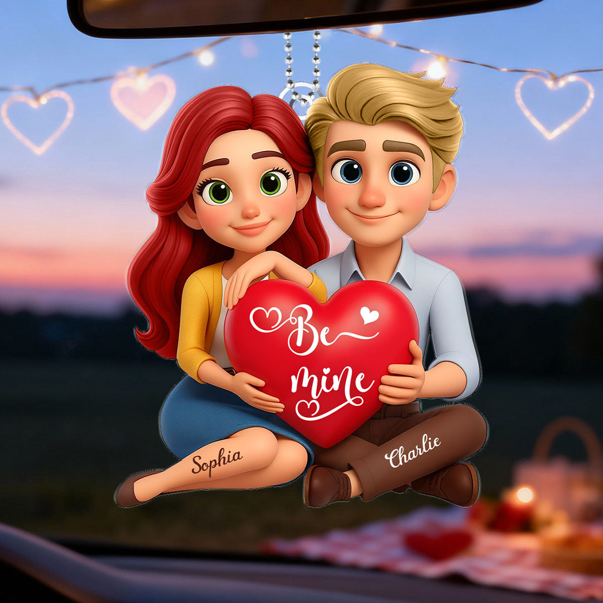 Eternal Love Cartoon Couple Sitting - Personalized Acrylic Car Hanger - Sentimental Gift for him, for her