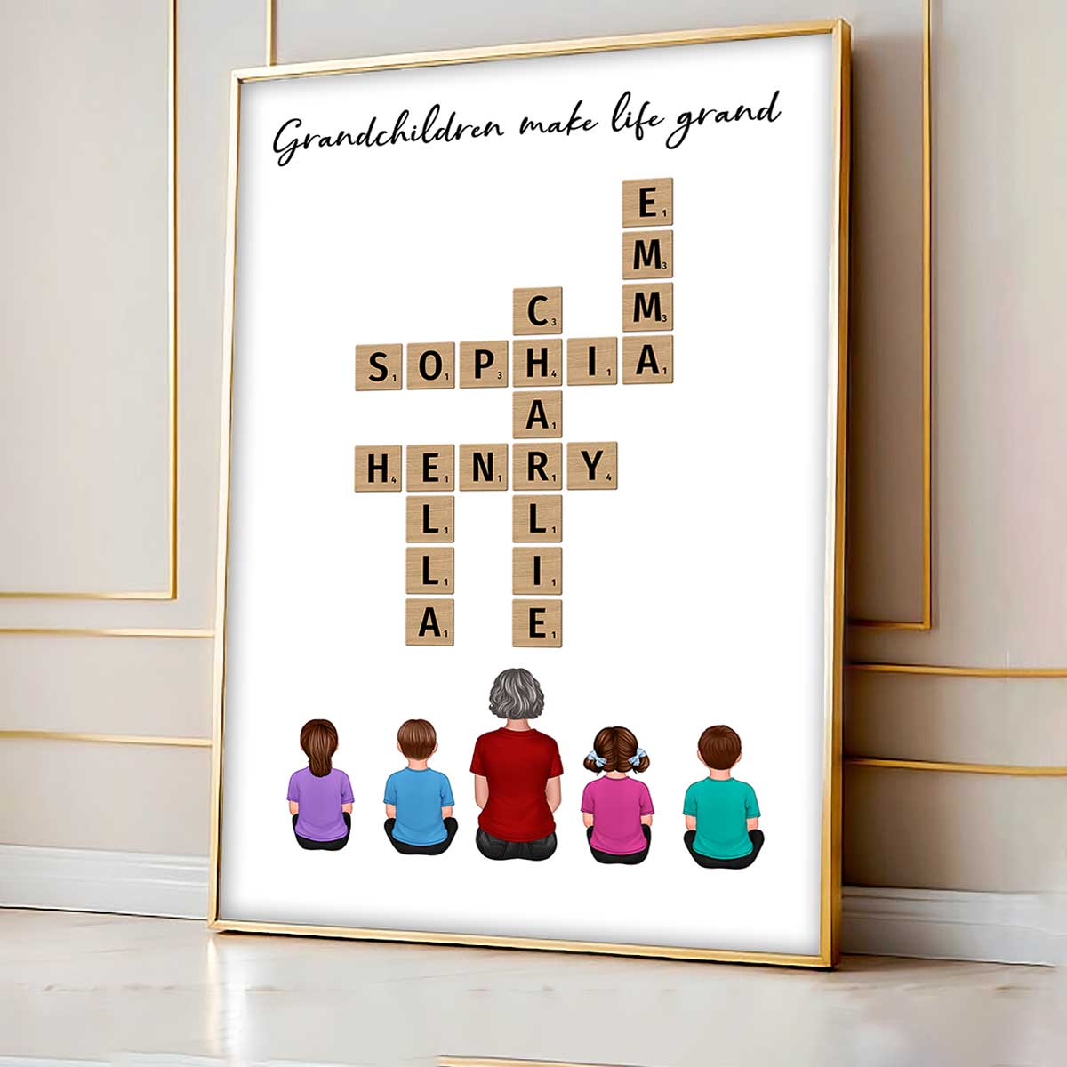 Our Grandchildren Names In Crossword Unique Gift For Grandma Grandpa Grandparents Back View Sitting Personalized Poster