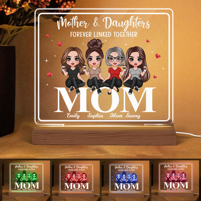 Doll Mom And Daughters Sitting On Words Personalized Custom Shape Acrylic Plaque LED Night Light