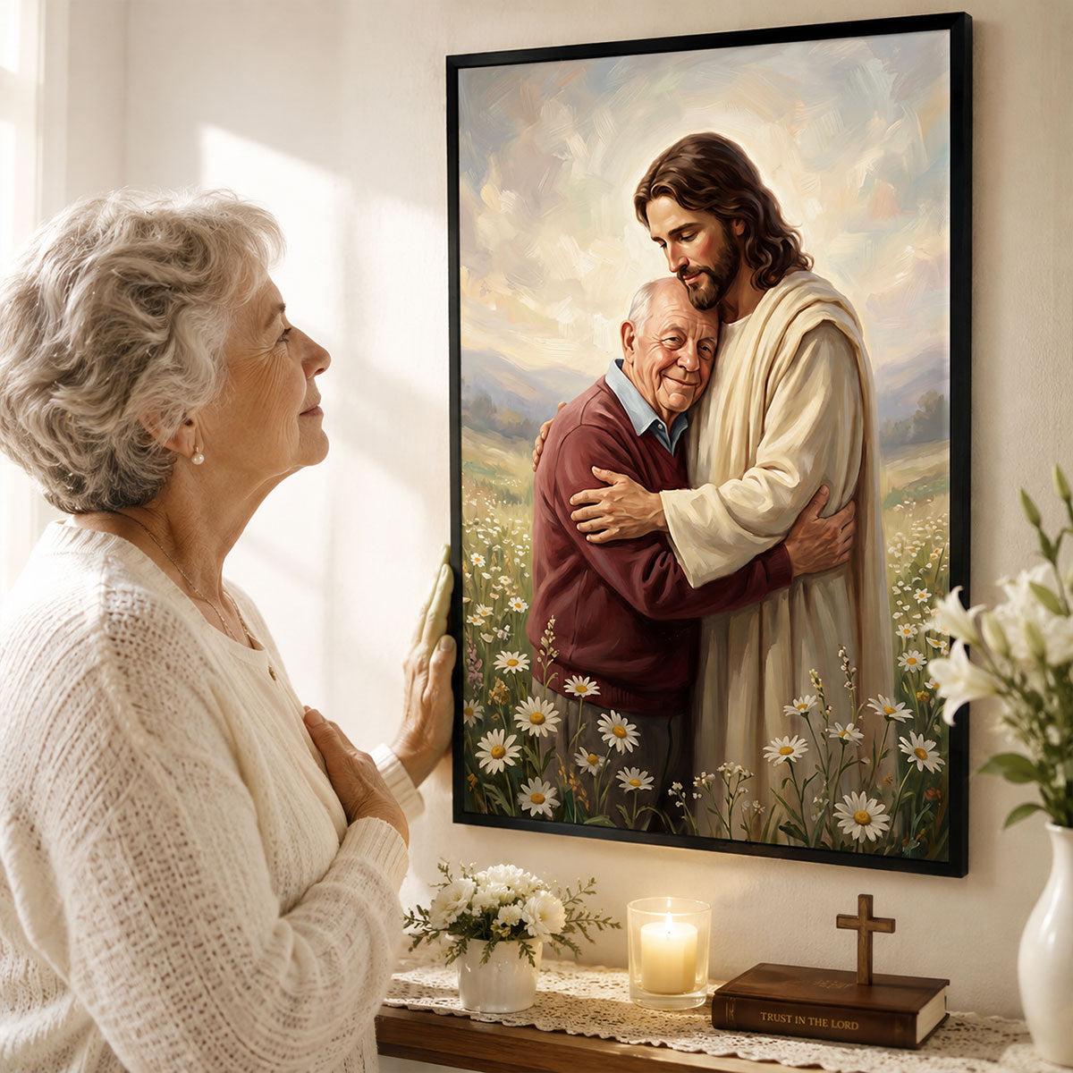 Safe in His Arms Photo Upload - Personalized Posters - Wall Decor, Christian Home Decor for Living, Prayer Room