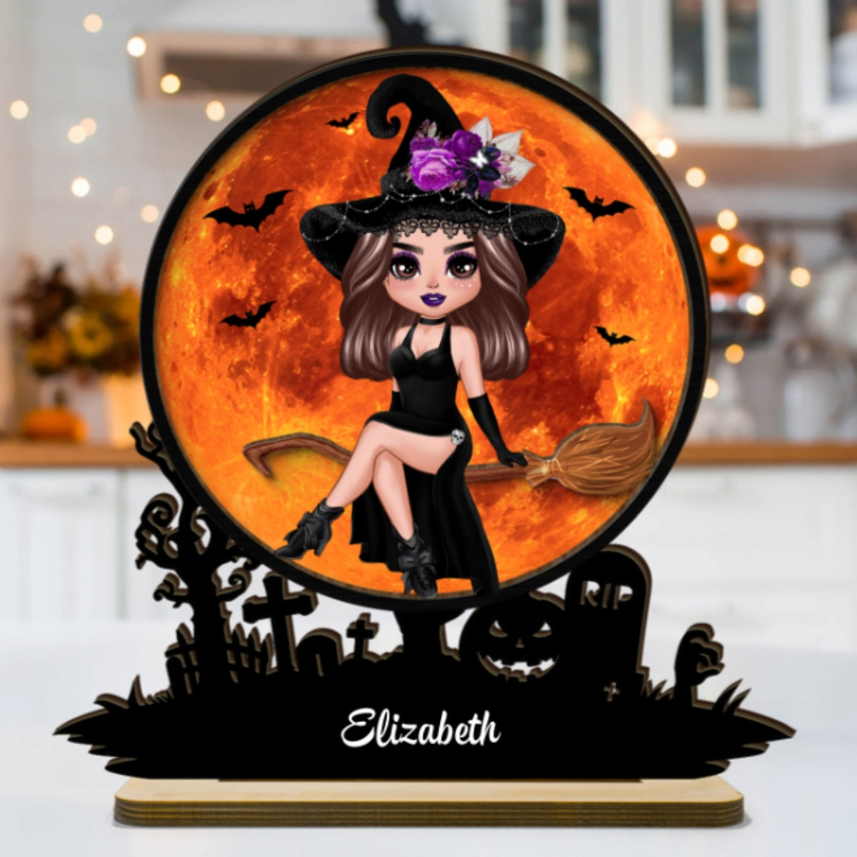 Witch On Broom Halloween Moon Tabletop Tier Tray Wicca Pagan Decor Personalized 2-Layer Standing Wooden Plaque