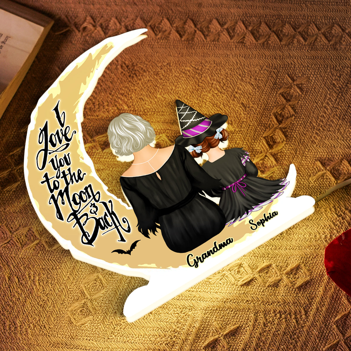 Grandma Grandkids On Moon Back View Halloween Personalized Light Box, Halloween Indoor Decor for Grandma