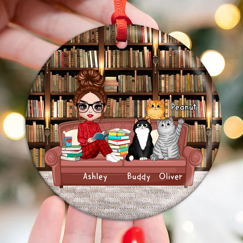 Doll Girl Reading Books And Cats On Sofa Personalized Circle Ornament