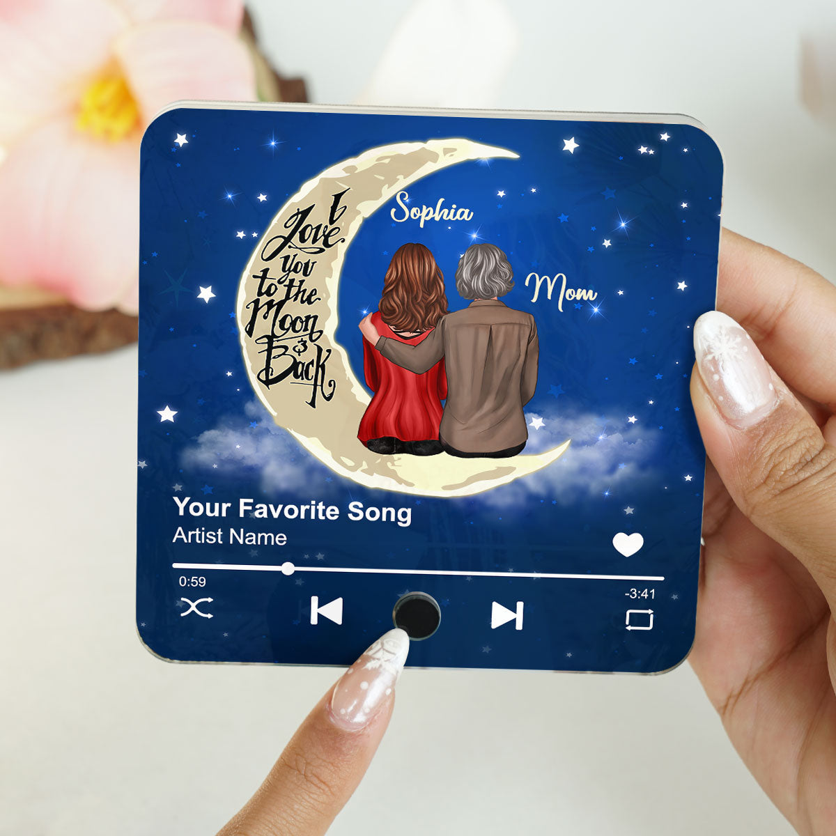 Mom & Son Daughter Sitting I Love You To The Moon And Back Personalized Music Fridge Magnet