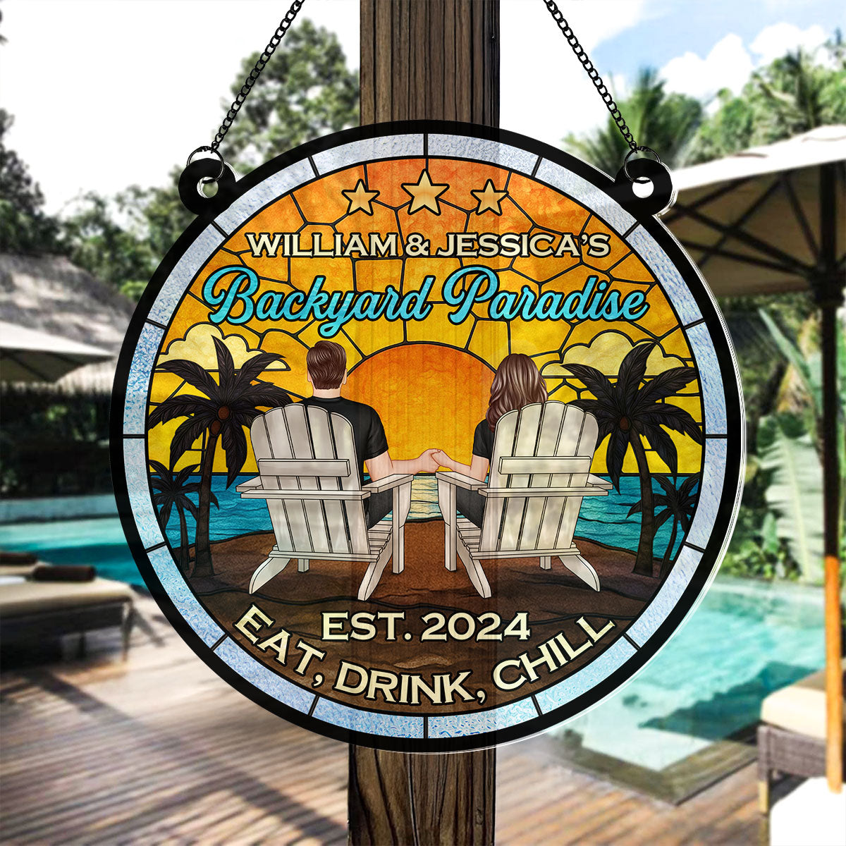 Couple Poolside Backyard Paradise Personalized Acrylic Suncatcher