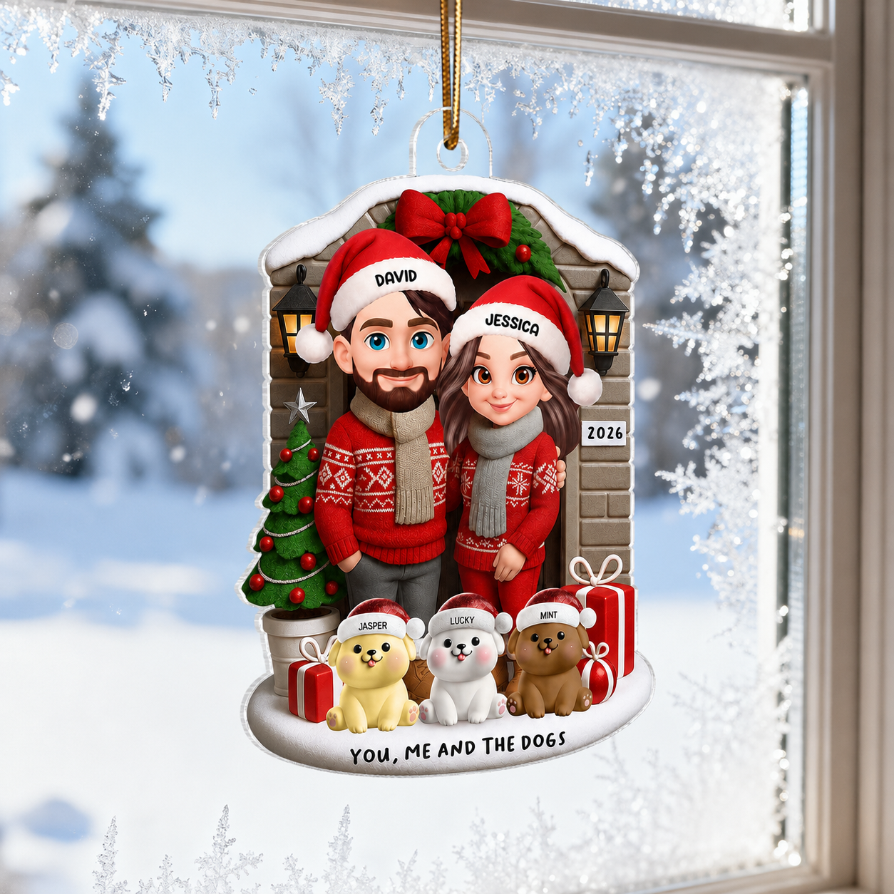 Joyful Couple And Dogs Cats Christmas - Personalized Acrylic Ornament
