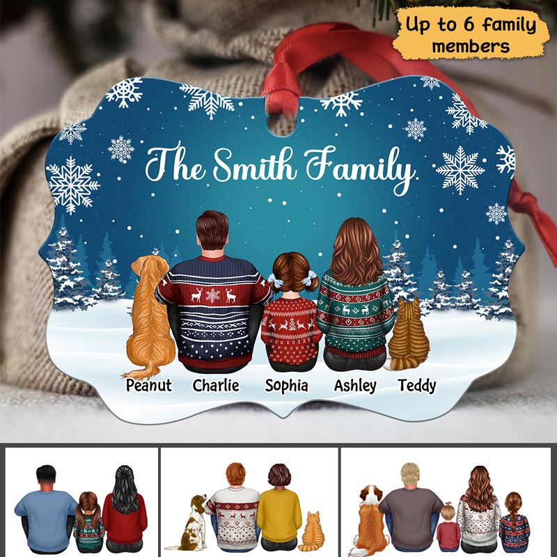 Family Dad Mom Kids Dogs Cats Snow Background Personalized Christmas Ornament