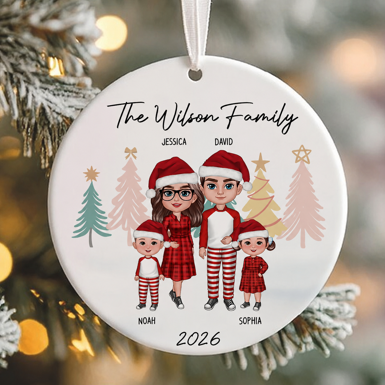 Family Standing Personalized Ceramic Circle Ornament, Christmas Gift for Husband, Daughter, Son
