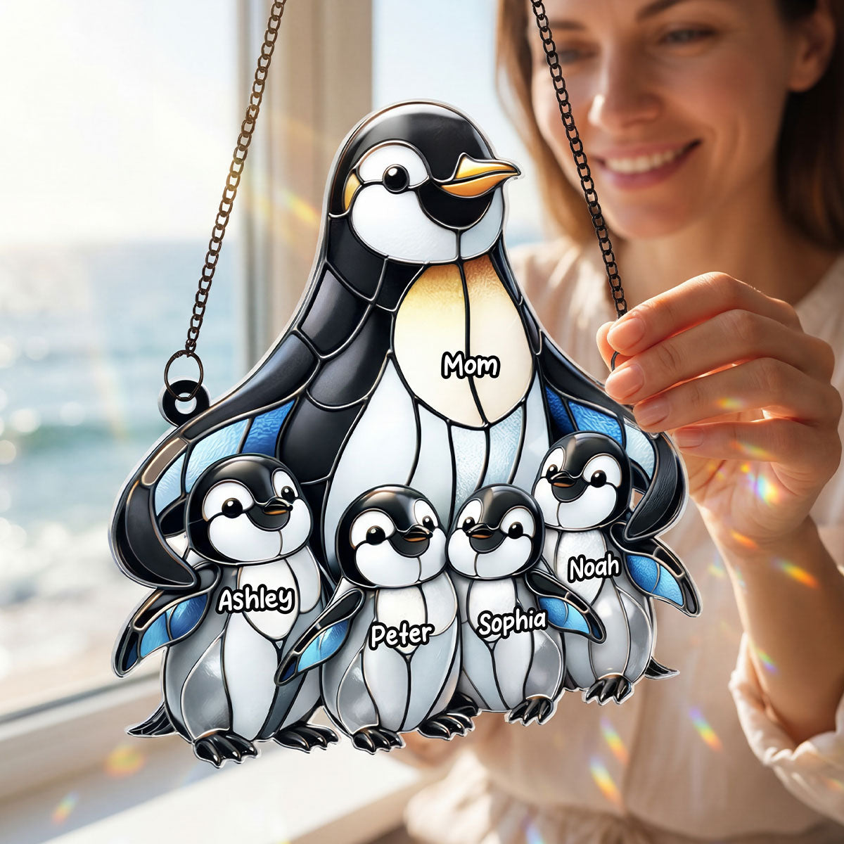 Penguin Mom and Kids - Personalized Acrylic Window Hanging - Mother's Day Gift for Mom, Wife